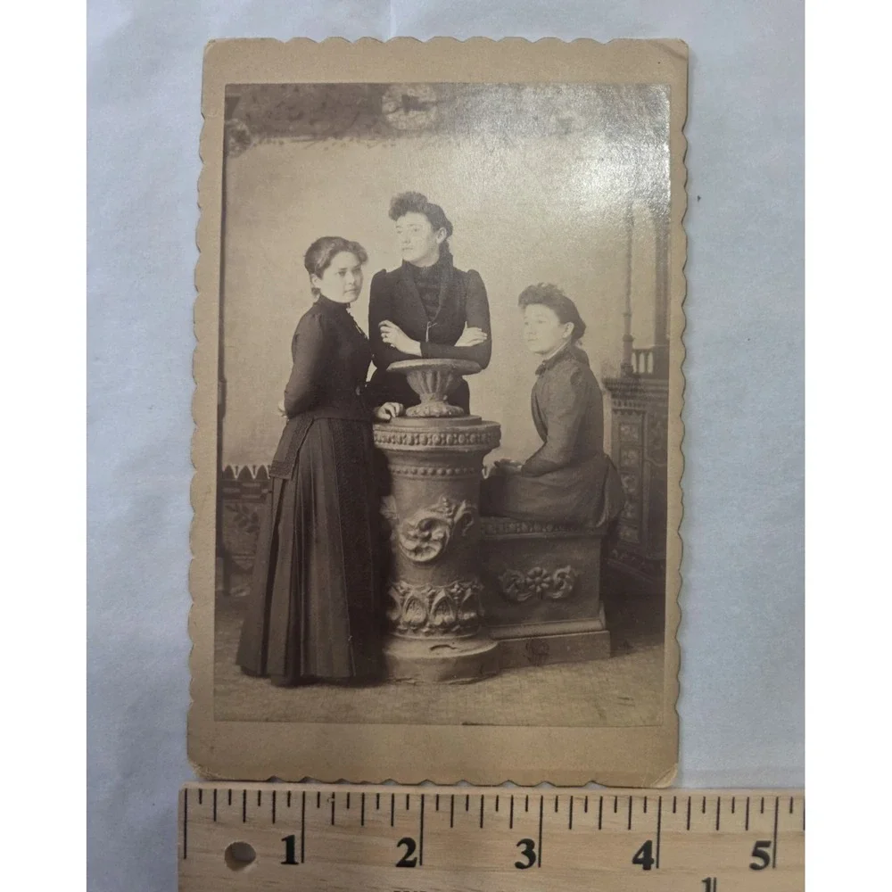 Vintage Antique Black & White cabinet card Trio of Women Surrounding Podium